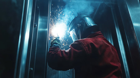 Heavy Industry Welder Working, Welding Inside Lift. Construction of elevator repair maintenance . Concept.の素材