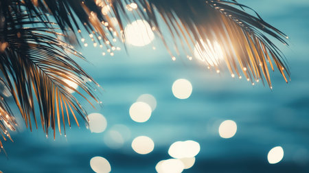 Hazy sea and sky, twinkling light bokeh, whispering palms, summer vacation feel, relaxed mood.の素材
