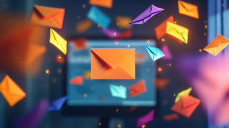 Marketing and business ideas through email, email or newsletter. email marketing or newsletter concept, sending e-mails bright colorsの素材