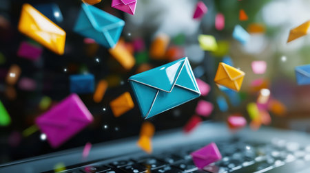 Marketing and business ideas through email, email or newsletter. email marketing or newsletter concept, sending e-mails bright colorsの素材