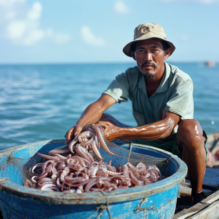 A fisherman catching squid with a net, preparing for export to seafood markets around theの素材
