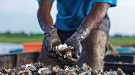 A close-up of a farmer harvesting oysters from a bed, preparing them for the seafood marketの素材