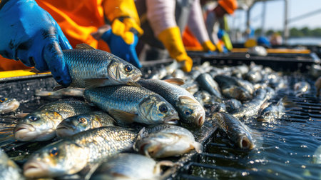 A close-up of a tilapia fish farm, with fish being harvested for sale in the seafood industryの素材