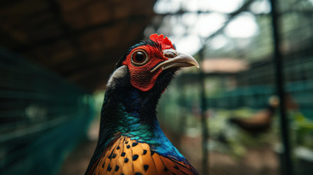 A close-up of a pheasant being raised on a game farm, highly prized for its meat in gourmet marketsの素材