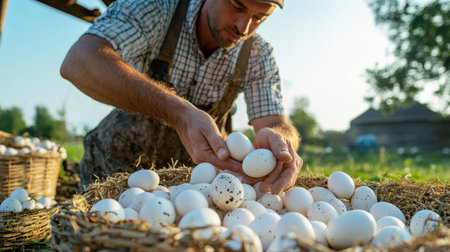A farmer collecting duck eggs from a free-range farm, valued for their rich flavor in gourmet marketsの素材