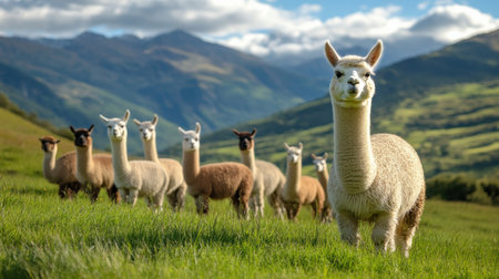 A herd of alpacas grazing in a green field, valued for their soft and luxurious woolの素材