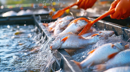 A close-up of a tilapia fish farm, with fish being harvested for sale in the seafood industryの素材