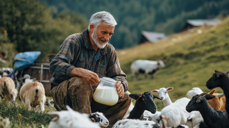 A farmer collecting fresh goat milk, used for making cheese and other dairy productsの素材