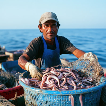 A fisherman catching squid with a net, preparing for export to seafood markets around theの素材