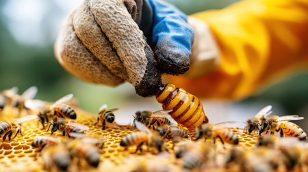 A close-up of a beekeeper extracting honey from a hive, ensuring the production of high-quality organic honeyの素材