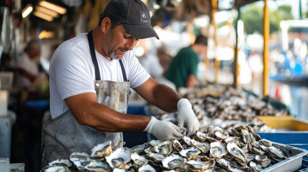 A fisherman preparing fresh oysters for sale, prized for their flavor in the gourmet seafood marketの素材