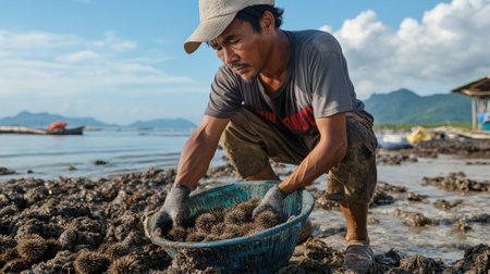 A fisherman collecting sea urchins from the ocean floor, ready to be sold in the Asian seafood marketの素材