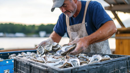 A fisherman preparing fresh oysters for sale, prized for their flavor in the gourmet seafood marketの素材