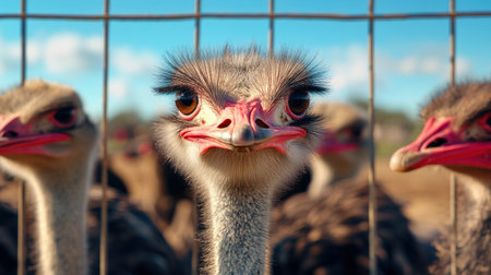 A close-up of an ostrich farm, with birds raised for their meat, feathers, and leather used in various industriesの素材