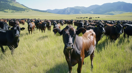 A herd of Angus cattle on a ranch, raised for high-quality beef production in global meat marketsの素材