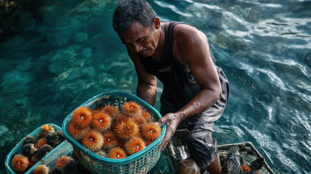 A fisherman collecting sea urchins from the ocean floor, ready to be sold in the Asian seafood marketの素材