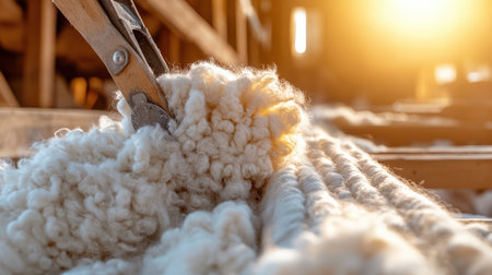 A close-up of a wool shearing process, with freshly harvested wool from sheep ready for textile useの素材