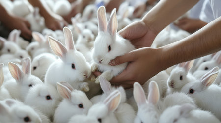 A farm of angora rabbits being bred for their valuable fur used in the luxury fashion industryの素材