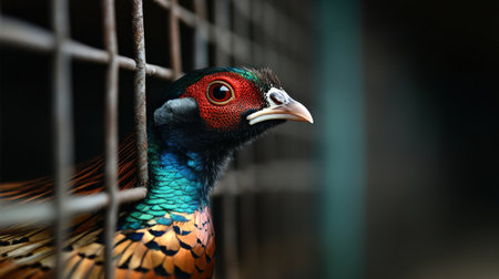 A close-up of a pheasant in a farm pen, raised for its meat and feathers used in specialty marketsの素材
