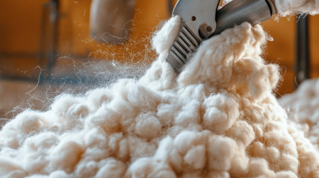 A close-up of a wool shearing process, with freshly harvested wool from sheep ready for textile useの素材