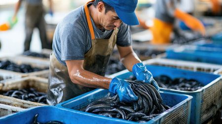 A fisherman harvesting eels from an aquaculture farm, preparing them for the Asian seafood marketの素材