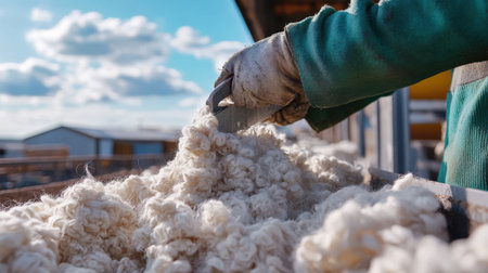 A close-up of a wool shearing process, with freshly harvested wool from sheep ready for textile useの素材