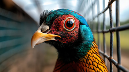 A close-up of a pheasant in a farm pen, raised for its meat and feathers used in specialty marketsの素材