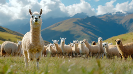 A herd of llamas in a pasture, raised for their wool and as pack animals in rural marketsの素材