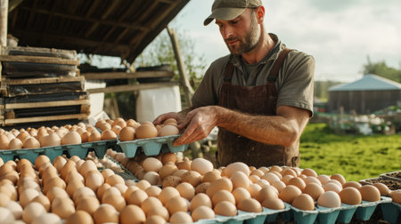 A farmer collecting chicken eggs from free-range hens, with cartons of eggs ready for saleの素材