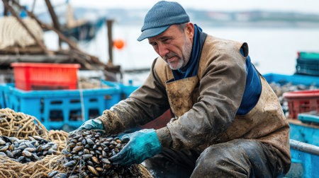 A fisherman harvesting mussels from aquaculture ropes, preparing them for sale in seafood marketsの素材