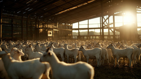 A herd of dairy goats being milked in a barn, producing milk for cheese and other productsの素材