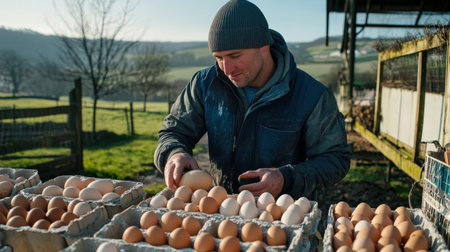 A farmer collecting chicken eggs from free-range hens, with cartons of eggs ready for saleの素材