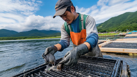 A fisherman harvesting eels from an aquaculture farm, preparing them for the Asian seafood marketの素材