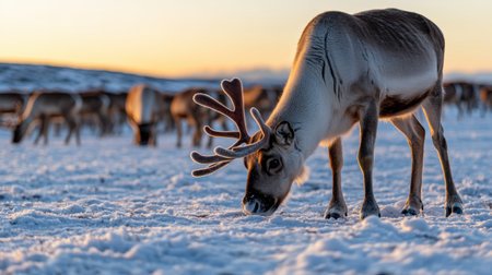 A close-up of a reindeer herd grazing in a snowy field, valued for their meat and antlers --ar 16:9 --personalize jaydbm9 --v 6.1 Job ID: 62fd8176-fe19-40aa-a15e-800a7c83b65bの素材