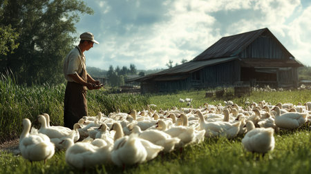 A farmer tending to geese on a farm, raised for their meat and down feathers used in the textile industryの素材