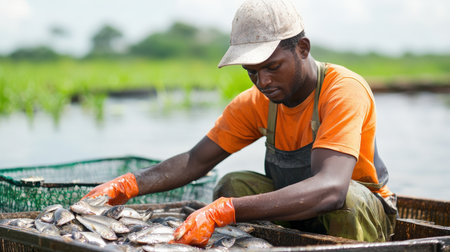 A farmer harvesting tilapia from an aquaculture pond, ready for the fish marketの素材