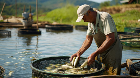 A farmer harvesting tilapia from an aquaculture pond, ready for the fish marketの素材