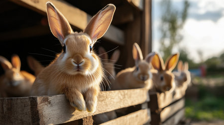 A pen of rabbits being bred for fur and meat, valued in niche marketsの素材