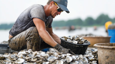 A fisherman collecting oysters from a farming bed, with fresh shellfish ready for the market --ar 16:9 --personalize jaydbm9 --v 6.1 Job ID: 6718ee95-d789-4c50-bb92-d4d97d7f46eeの素材