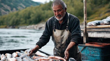 A fisherman preparing to sell fresh salmon caught from the river, prized in seafood marketsの素材