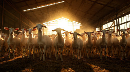 A herd of dairy goats being milked in a barn, producing milk for cheese and other productsの素材