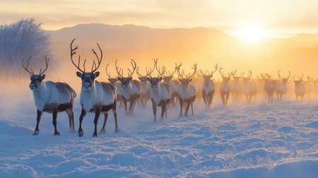 A herd of reindeer in a snowy field, raised for meat, hides, and antlersの素材