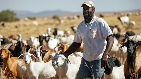 A farmer tending to a herd of Boer goats, raised for their high-quality meatの素材