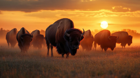 A herd of market-ready bison grazing in a field, valued for their lean meat and hidesの素材