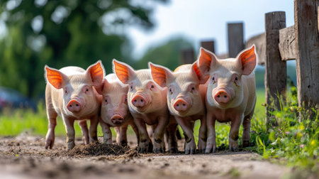 A group of pigs feeding in a farm pen, being raised for the pork industry -の素材