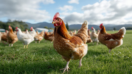 A group of free-range chickens in a field, producing organic eggs for the marketの素材