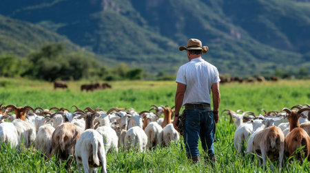A farmer tending to a herd of Boer goats, raised for their high-quality meatの素材