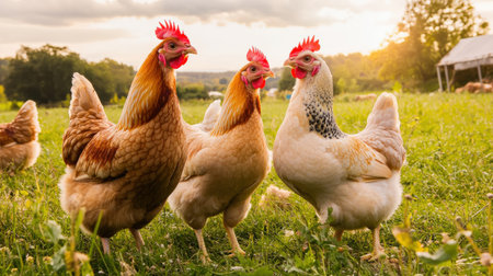 A group of free-range chickens in a field, producing organic eggs for the marketの素材