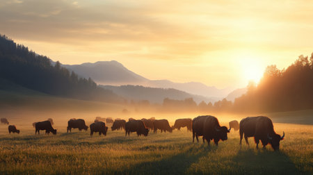 A herd of buffalo grazing in a meadow, producing lean and flavorful meatの素材