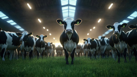 A herd of market-ready dairy cows in a barn, producing milk for various dairy productsの素材